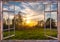 Open window overlooking a rural landscape in summer