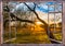 Open window overlooking a rural landscape in summer