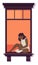 Open window with woman reading on windowsill. Neighbor apartment in cartoon style