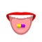 Open woman`s mouth and colorful pill on tongue