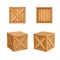 Open wooden box. Realistic wood crate. Empty container for gift or cargo. Brown moving board for freight. Top or side