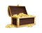 Open wooden chest. Ancient gold shiny coins in large open trunk, medieval mystery pirate treasures, success trophy or