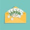 Open yellow envelope with cash money and silver coins. Salary, money payroll, income, salary survey. Isolated paper envelope