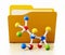 Open yellow folder and multi colored molecule model. 3D illustration