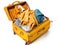 Open yellow suitcase with multicolored clothes