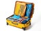 Open yellow suitcase with multicolored clothes