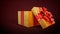 opened beautified gold and red giftbox on dark background - object 3D rendering