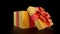 opened beautified golden and red giftbox on black, isolated - object 3D rendering