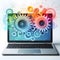 opened blank laptop with intersecting colorful gears over screen and on white background