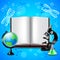 Opened book and science tools on blue background