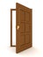 Opened brown natural wooden door on white