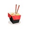 Opened cardboard box with rice, salmon, avocado and wooden sticks. Takeaway food. Delicious Asian meal. Flat vector icon