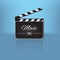 Opened clapperboard and play symbol with mirror reflection on blue background. Vector illustration.