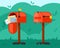 Opened and closed mailbox illustration. Red container with long leg overflowing with letters and empty waiting for