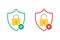 Opened and closed padlock icon. Secure and without protection lock sign. Green and red shield sign with padlock icon inside. Right