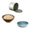 Opened empty can, Bowl of oats porridge, blue Pet