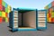 Opened empty cargo container in port dock, 3D rendering