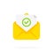 Opened envelope and document with green check mark icon. Approved tick marker, mail sent successfully, e-mail delivery,