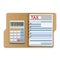 Opened folder with calculator and tax form or another financial documents. Tax calculation, payment or return concept