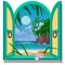 Opened frame window with a view of sandy beach of the sea coast by moonlight. Vector close-up cartoon illustration.