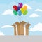 Opened Gift box with color balloons with bottom perspective view. Vector illustration.