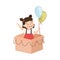 Opened gift box with cute happy girl. Sweet little girl with balloons making surprise at birthday party cartoon vector