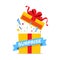 Opened gift box with red bow vector illustration. Surprise box with colorful confetti explosion. Prize icon isolated on