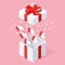 Opened gift box with thumbs up isolated on pink background. 3d isometric package, surprise with confetti. Testimonials, feedback,