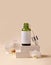 Opened green dropper bottle near white orchid flowers on stone, cosmetic label Mockup