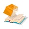 Opened inverted yellow book falling down to blue another. Vector cartoon illustration.