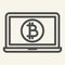 Opened laptop with bitcoin coin line icon. Crypto coin on notebook vector illustration isolated on white. Cryptocurrency