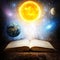 Opened magic book with sun, earth, moon, saturn, stars and galaxy. Concept on the topic of astronomy or fantasy. Elements of this