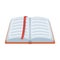 Opened notepad with pencil and pen in top view. Sketchbook or diary. Notebook with red bookmark. A notebook at school