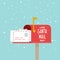 Opened outdoor Christmas mailbox full of letters. Santa Claus mail. Snowing. Raised mailbox flag. Vector illustration, flat design