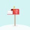 Opened outdoor Christmas mailbox with letters. Santa Claus mail. Raised mailbox flag. Vector illustration, flat design