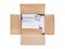 Opened package. Top view of open delivery with blank white box i