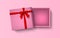 Opened pink empty gift box with red bow and ribbon, vector