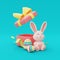 Opened pink gift box with easter bunny and colorful easter eggs,3d rendering