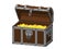 Opened Pixelated Treasure vintage wooden Chest full of gold coins. Pixel Art. Dimetric projection. 3d Vector illustration.