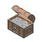 Opened Pixelated Treasure vintage wooden Chest full of silver coins. Pixel Art. Isometric projection. 3d Vector illustration.