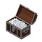 Opened Pixelated Treasure vintage wooden Chest full of silver coins. Pixel Art. Isometric projection. 3d Vector illustration.