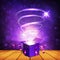 Opened purple gift box with crimson ribbons with magic light rays and emitted luminous spiral on the wooden table and on