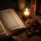 opened quran book near a candle and sweet dates. AI Generative