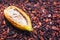 Opened ripe cocoa pod on drying raw beans background