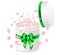 Opened rounded gift box with pink cherry blossoms flying out. Green satin ribbons with a bow. Spring gift concept