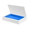 Opened White Blue Cardboard Package Box. Gift Candy. On White Background Isolated. Ready For Your Design.