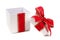 Opened white Christmas gift box with red bow and ribbon isolated