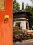 Opened wooden gate to Bhutan garden