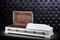 Opened wooden white sarcophagus isolated on gray luxury background. casket, coffin on royal background.