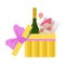 Opened Yellow Gift Box with Alcohol Bottle, Candies and Flowers, Present Package for Birthday, Xmas, Wedding
